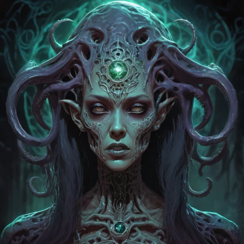 medusa,gorgon,medusa gorgon,priestess,fantasy portrait,elven,the enchantress,violet head elf,dryad,tentacles,sorceress,mirror of souls,blue enchantress,silver octopus,cuthulu,merfolk,dark elf,tendrils,anahata,undead warlock,Illustration,Realistic Fantasy,Realistic Fantasy 47