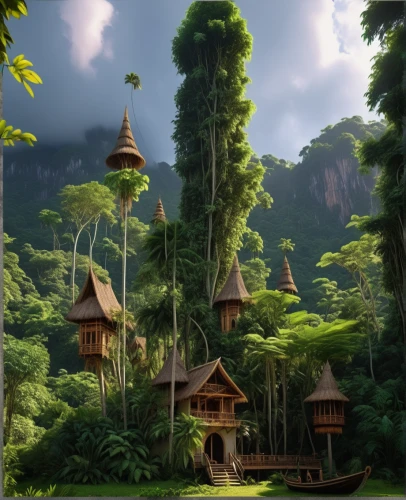 tree house hotel,house in the forest,tree house,treehouse,asian architecture,thai temple,buddhist temple complex thailand,mountain settlement,borneo,golden pavilion,fairy village,the golden pavilion,greenforest,studio ghibli,home landscape,fantasy landscape,world digital painting,house in the mountains,house in mountains,buddhist temple,Photography,General,Realistic
