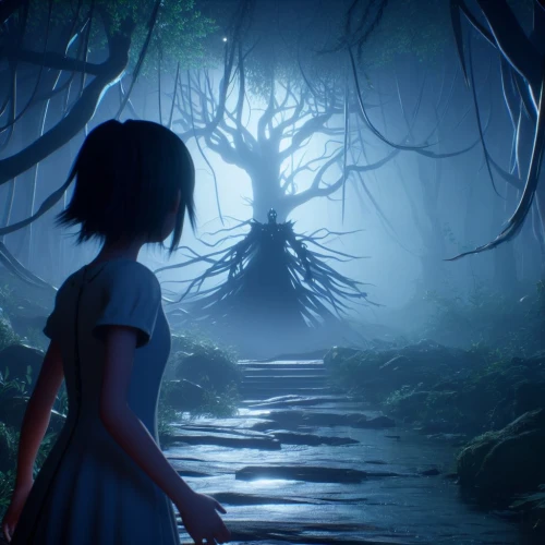 the girl next to the tree,the forest,haunted forest,girl with tree,the woods,forest of dreams,fairy forest,eerie,cartoon forest,forest dark,fantasia,the roots of trees,alice in wonderland,studio ghibli,forest,forest walk,in the shadows,enchanted forest,tree grove,in the forest