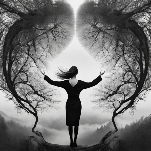 girl with tree,photo manipulation,woman silhouette,photomanipulation,photomontage,parallel worlds,tree of life,tree heart,conceptual photography,equilibrium,the branches of the tree,rooted,surrealistic,arms outstretched,tree thoughtless,image manipulation,mystical portrait of a girl,duality,mirror of souls,dryad,Photography,Artistic Photography,Artistic Photography 06