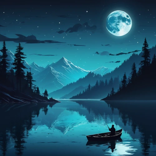 moonlit night,moon and star background,landscape background,moonlight,blue moon,moonlit,boat landscape,evening lake,night scene,fantasy picture,lunar landscape,world digital painting,moon night,tranquility,fantasy landscape,moon at night,beautiful lake,calm water,fishing float,full moon,Conceptual Art,Fantasy,Fantasy 02