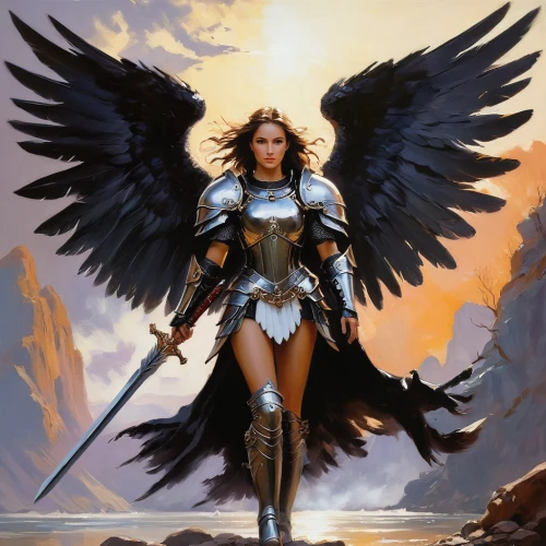 archangel,the archangel,dark angel,female warrior,heroic fantasy,imperial eagle,warrior woman,harpy,angels of the apocalypse,fire angel,angel,guardian angel,baroque angel,goddess of justice,black angel,uriel,angel wing,athena,fantasy woman,paladin,Conceptual Art,Oil color,Oil Color 09