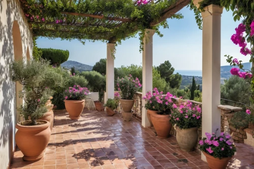 provencal life,flowering vines,provence,pergola,gordes,casa fuster hotel,patio,spanish tile,positano,roof terrace,the balearics,tuscan,mallorca,balcony garden,hacienda,roof garden,taormina,villa cortine palace,kitchen garden,balearic islands,Photography,General,Realistic