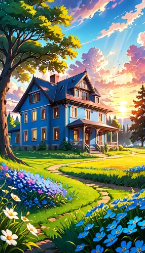 home landscape,beautiful home,country hotel,studio ghibli,country house,springtime background,golf resort,landscape background,country estate,golf hotel,idyllic,spring morning,meadow landscape,summer meadow,summer cottage,beautiful landscape,spring background,house painting,clover meadow,flower meadow,Anime,Anime,General