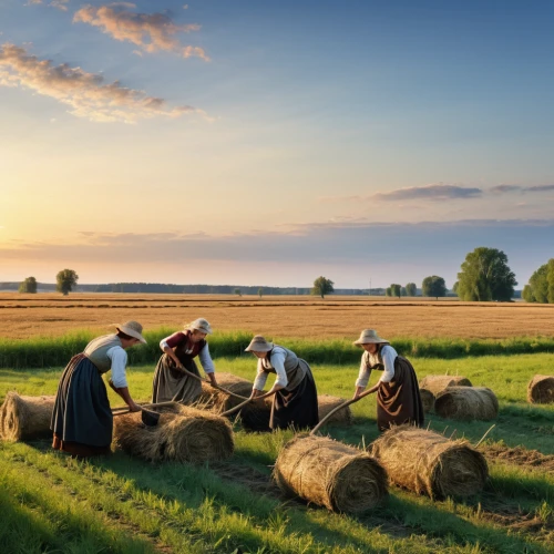 haymaking,agricultural engineering,agriculture,straw harvest,agroculture,aggriculture,farm workers,straw bales,agricultural,field cultivation,farmers,round straw bales,wheat crops,agricultural machinery,threshing,farm landscape,cultivated field,stock farming,bales of hay,grain harvest,Photography,General,Realistic