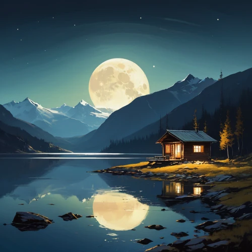 moonlit night,landscape background,home landscape,world digital painting,moonlit,moonrise,night scene,the cabin in the mountains,lonely house,cottage,small cabin,house with lake,moonlight,summer cottage,full moon,tranquility,moonshine,moon and star background,evening lake,moon night,Conceptual Art,Fantasy,Fantasy 06