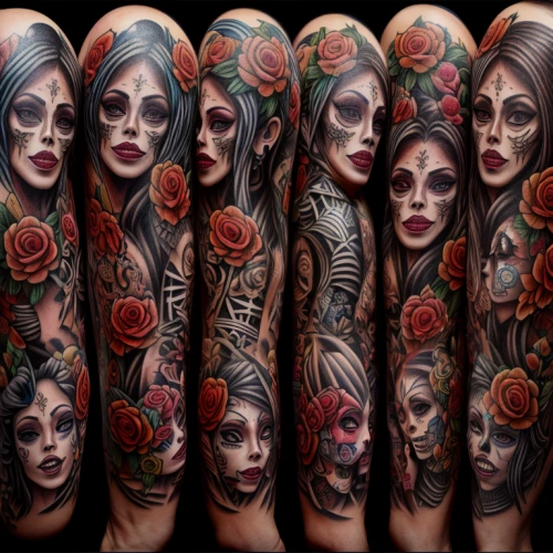 sleeve,forearm,sugar skulls,calavera,day of the dead,tattoo girl,catrina calavera,tattoo expo,body art,days of the dead,la calavera catrina,scull,quiver,skulls and,tattoo artist,cover-up,la catrina,day of the dead skeleton,body painting,tattoos