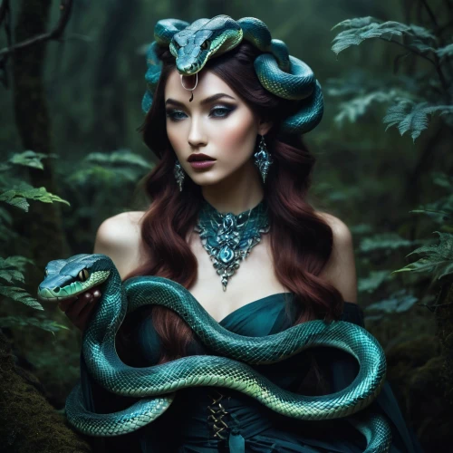 serpent,snake charming,blue snake,pointed snake,boa constrictor,blue enchantress,fantasy portrait,water snake,fantasy art,the enchantress,green snake,tree snake,emperor snake,red tailed boa,sorceress,anahata,fantasy picture,kingsnake,constrictor,the zodiac sign pisces,Photography,Artistic Photography,Artistic Photography 12