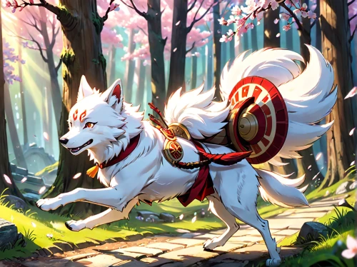 kitsune,akita inu,samoyed,howl,white shepherd,howling wolf,akita,inari,nine-tailed,canidae,kishu,ninebark,european wolf,garden-fox tail,sakura background,canine,wolf,maple,red riding hood,japanese sakura background,Anime,Anime,Cartoon