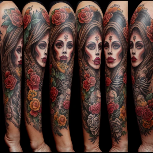 sleeve,forearm,tattoo girl,body art,tattoo artist,cover-up,rosebushes,tattoo expo,calavera,quiver,with tattoo,tattoos,tattoo,red roses,russian dolls,body painting,four seasons,on the arm,matryoshka doll,day of the dead