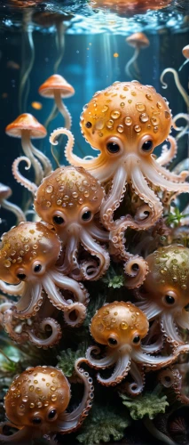 cnidaria,cephalopods,squid rings,jellyfish,mushroom island,octopus,cephalopod,jellyfish collage,aquarium,aquarium inhabitants,sea creatures,octopus tentacles,sea-life,cnidarian,sea jellies,underwater landscape,fun octopus,calamari,underwater background,jellies,Photography,General,Fantasy