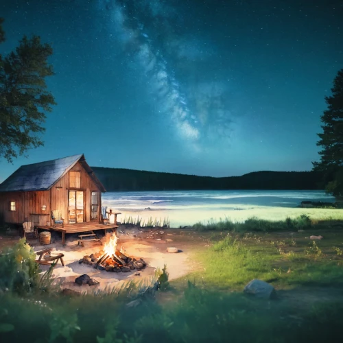 summer cottage,the cabin in the mountains,home landscape,small cabin,meteor rideau,log home,log cabin,cottage,house with lake,cottagecore,holiday home,vermont,inverted cottage,idyllic,cabin,chalet,beautiful home,night scene,summer house,glamping