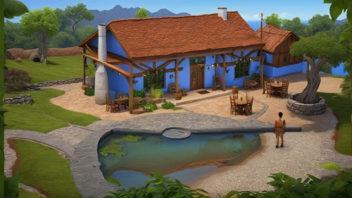summer cottage,pool house,water mill,wishing well,popeye village,aqua studio,fish pond,resort town,house by the water,boathouse,house with lake,tavern,cottage,miniature golf,fisherman's house,alpine village,mini golf course,village fountain,alpine restaurant,underwater oasis,Photography,General,Realistic