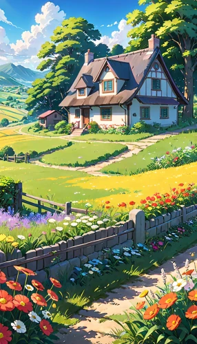 blooming field,home landscape,springtime background,countryside,flower field,farm,field of flowers,flowers field,farm landscape,studio ghibli,spring background,farm yard,flower garden,tulip field,country estate,summer meadow,the farm,spring morning,farms,flower meadow,Anime,Anime,Realistic