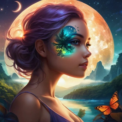 faerie,fantasy portrait,vanessa (butterfly),fantasy art,faery,fae,fantasy picture,butterfly background,mystical portrait of a girl,world digital painting,rosa ' amber cover,aurora butterfly,rosa 'the fairy,mermaid background,fairy queen,julia butterfly,fantasy woman,fairy world,moonflower,flower fairy,Illustration,Realistic Fantasy,Realistic Fantasy 01