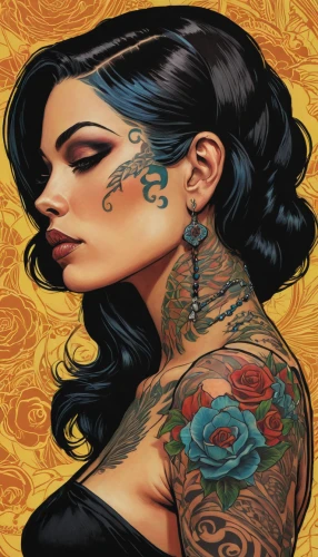 rosa ' amber cover,tattoo girl,tattoo expo,tattoos,lotus tattoo,painted lady,yellow rose background,geisha girl,widow flower,fantasy portrait,tattooed,sunflower lace background,geisha,marigold,tattoo artist,vanessa (butterfly),oriental girl,gold foil mermaid,sleeve,orange rose,Illustration,American Style,American Style 08