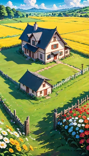 home landscape,flower field,blooming field,farm background,countryside,farm landscape,flowers field,summer meadow,meadow landscape,houses clipart,field of flowers,studio ghibli,farm house,rural landscape,farmhouse,blanket of flowers,country cottage,country side,springtime background,farm,Anime,Anime,General