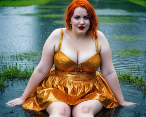 the blonde in the river,plus-size model,wading,pin-up model,water nymph,rubber boots,wet girl,golden rain,gold fish,orange,photoshoot with water,wet,flooded,latex clothing,girl on the river,orange color,ginger rodgers,rain water,one-piece swimsuit,pin-up