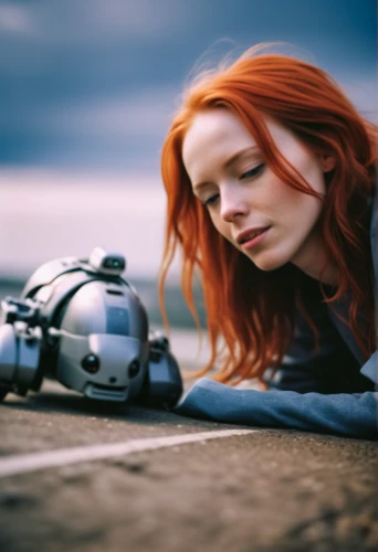 girl and car,motorcycle fairing,asuka langley soryu,aquanaut,submersible,depressed woman,red-haired,vespa,redheads,girl on the dune,redhead doll,redheaded,space ship model,redhair,woman thinking,digital compositing,portrait photography,recreational vehicle,model cars,transistor,Photography,General,Realistic