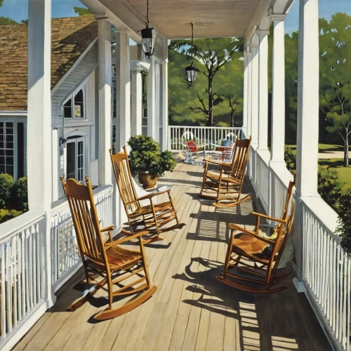 wooden decking,decking,porch swing,porch,wood deck,windsor chair,patio furniture,white picket fence,outdoor furniture,deck,garden furniture,veranda,outdoor table and chairs,deckchairs,rocking chair,house painter,baluster,deckchair,old colonial house,house painting,Illustration,Retro,Retro 06