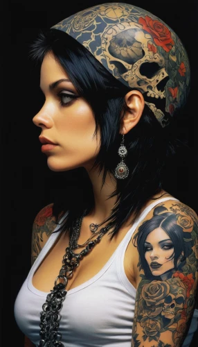 tattoo girl,steampunk,with tattoo,body art,tattoo artist,tattooed,tattoos,tattoo expo,painted lady,sleeve,oriental girl,body piercing,victorian lady,body painting,gothic woman,goth woman,geisha girl,leather hat,bodypainting,bodypaint,Illustration,American Style,American Style 06