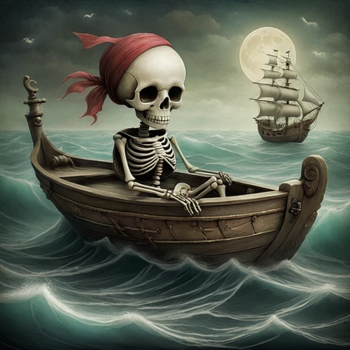skull rowing,skull racing,vintage skeleton,scull,jolly roger,pirate,ghost ship,the sea maid,piracy,pirate treasure,adrift,seafaring,rotten boat,galleon,black pearl,pirate ship,skull and crossbones,scarlet sail,longship,tour to the sirens,Illustration,Abstract Fantasy,Abstract Fantasy 06