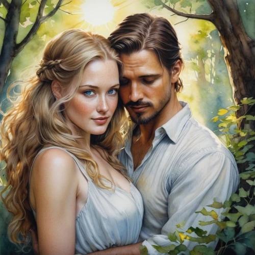 romantic portrait,young couple,adam and eve,beautiful couple,garden of eden,fantasy portrait,fantasy picture,oil painting on canvas,romance novel,romantic scene,fantasy art,idyll,oil painting,couple,love in the mist,two people,love couple,a fairy tale,man and wife,fairy tale,Illustration,Realistic Fantasy,Realistic Fantasy 16