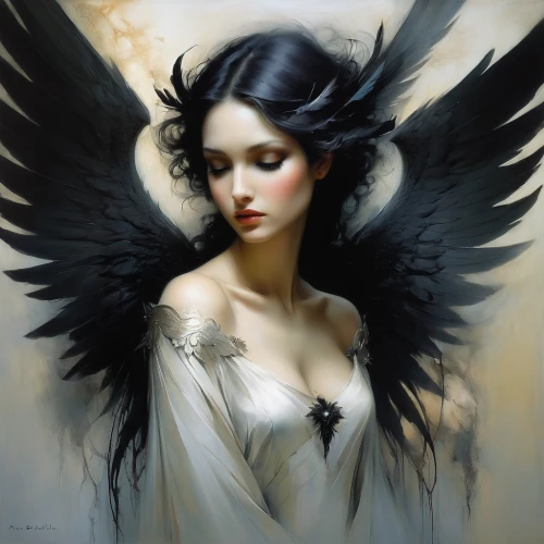 black angel,dark angel,angel wings,angel wing,baroque angel,vintage angel,fallen angel,angelology,angel girl,angel,winged heart,angel of death,the angel with the veronica veil,crying angel,archangel,love angel,the archangel,uriel,winged,angel's tears,Illustration,Realistic Fantasy,Realistic Fantasy 16