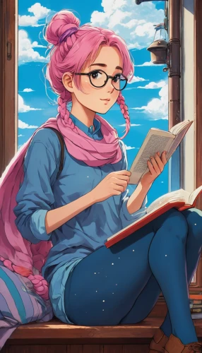 girl studying,bookworm,librarian,reading glasses,reading,scholar,astronomer,pink glasses,relaxing reading,girl drawing,writing-book,author,winter clothing,study,fluffy diary,with glasses,window sill,winter background,stechnelke,winter clothes,Illustration,Japanese style,Japanese Style 06