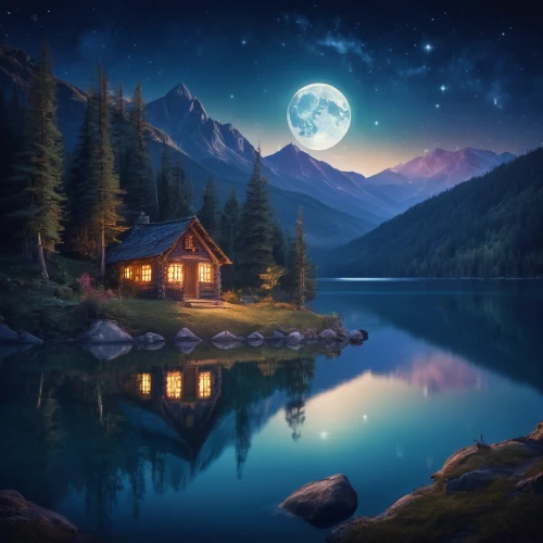 house with lake,moonlit night,landscape background,home landscape,fantasy picture,lonely house,fantasy landscape,summer cottage,night scene,the cabin in the mountains,cottage,small cabin,world digital painting,romantic night,moon and star background,house by the water,moonlight,tranquility,moonlit,little house,Illustration,Realistic Fantasy,Realistic Fantasy 02