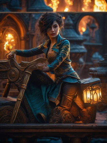 merida,transistor,fantasy portrait,fantasy picture,blacksmith,fire artist,steampunk,fantasy art,girl with a wheel,candlemaker,sci fiction illustration,sorceress,burning torch,cauldron,game illustration,fire master,merchant,woman bicycle,vendor,firedancer,Photography,General,Fantasy