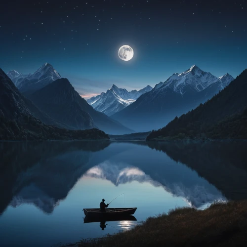 moonlit night,evening lake,landscape background,tranquility,boat landscape,world digital painting,mountain lake,fantasy picture,beautiful lake,calm water,mountainlake,moon and star background,moonlit,night scene,landscapes beautiful,moonlight,high mountain lake,fishing float,peaceful,floating over lake,Photography,General,Natural