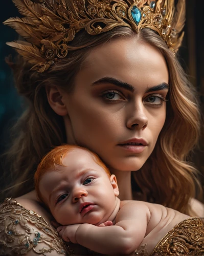 capricorn mother and child,mother with child,baby with mom,mother and child,mother and baby,mother-to-child,little girl and mother,motherhood,mother and infant,golden crown,mother and daughter,fantasy portrait,godmother,cepora judith,star mother,father with child,world digital painting,newborn,crown render,infant,Photography,General,Fantasy