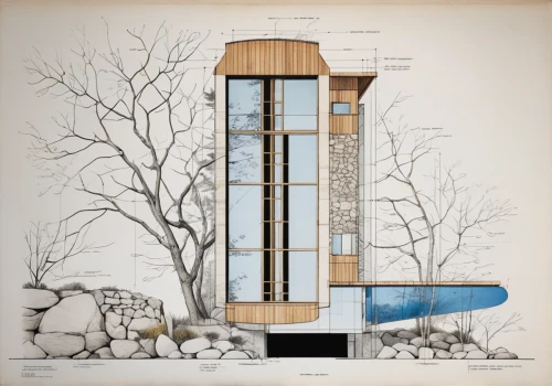inverted cottage,archidaily,cross section,cubic house,timber house,cross-section,mid century house,house drawing,tree house hotel,stilt house,tree house,architect plan,eco-construction,mid century modern,dunes house,garden elevation,frame house,treehouse,kirrarchitecture,modern architecture,Unique,Design,Blueprint