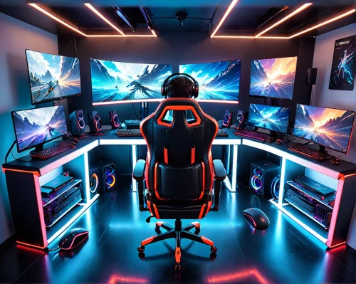 game room,computer room,monitor wall,little man cave,computer desk,great room,creative office,computer workstation,desk,setup,gamer zone,spaceship space,pc,new concept arms chair,neon,cable management,colored lights,modern room,spaceship,playing room,Anime,Anime,General