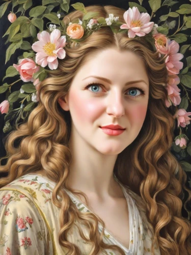 girl in a wreath,girl in flowers,emile vernon,fantasy portrait,portrait of a girl,mystical portrait of a girl,beautiful girl with flowers,romantic portrait,young woman,jessamine,girl in the garden,girl portrait,rapunzel,portrait background,oil painting on canvas,botticelli,oil painting,floral wreath,flora,faery