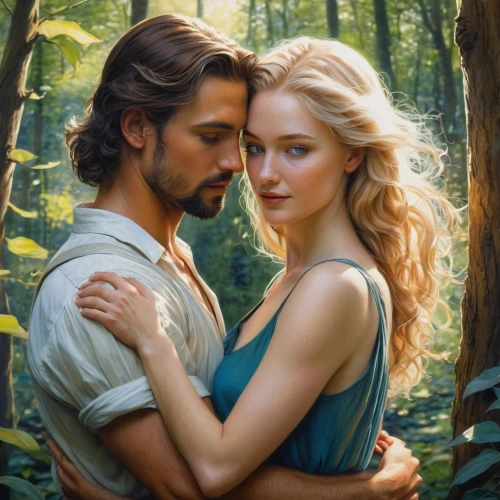 romantic portrait,romance novel,beautiful couple,fantasy portrait,fantasy picture,young couple,tangled,adam and eve,a fairy tale,garden of eden,throughout the game of love,romantic scene,cg artwork,fantasy art,love in the mist,emile vernon,fairy tale,oil painting on canvas,man and wife,fairytale,Illustration,Realistic Fantasy,Realistic Fantasy 16