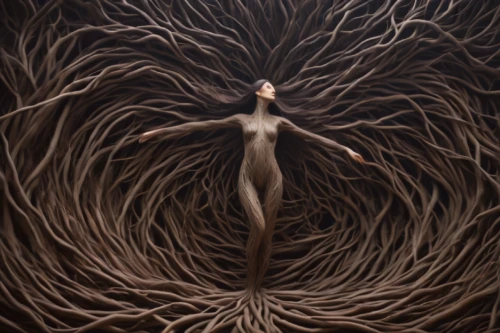 tendrils,dryad,rooted,emergence,entwined,branched,tendril,intertwined,apophysis,neural pathways,uprooted,arms outstretched,interlaced,equilibrium,shamanic,to emerge,circulatory,psyche,branching,woman of straw