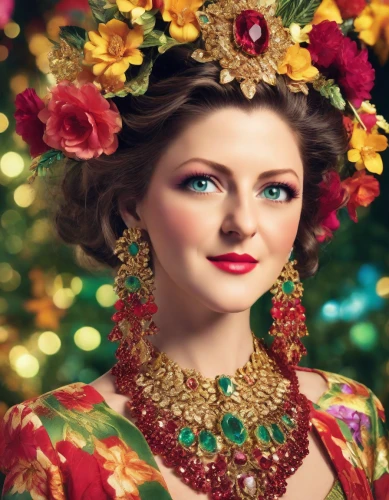 russian folk style,girl in a wreath,miss circassian,christmas woman,christmas gold and red deco,princess anna,retro christmas lady,christmas jewelry,golden wreath,beautiful girl with flowers,floral wreath,vintage woman,celtic queen,diadem,fairy queen,wreath of flowers,traditional costume,the carnival of venice,bridal accessory,adornments