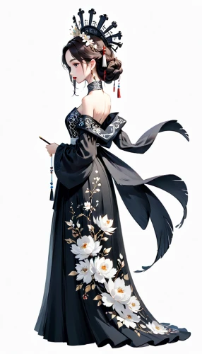 wuchang,crow queen,oriental princess,shuanghuan noble,imperial coat,mukimono,vanessa (butterfly),victorian lady,hwachae,geisha girl,ball gown,gentiana,bridal clothing,swordswoman,hanbok,geisha,fashion vector,sword lily,vax figure,lily of the field,Anime,Anime,Cartoon