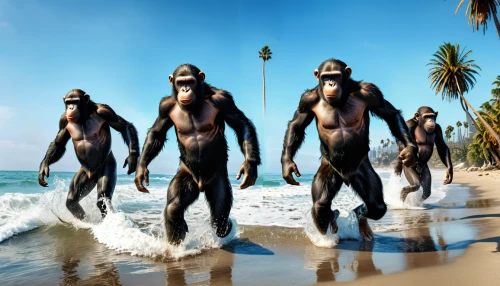 human evolution,great apes,primates,ape,chimpanzee,common chimpanzee,digital compositing,photoshop manipulation,the blood breast baboons,primate,swimming people,sea mammals,evolution,image manipulation,beach background,baboons,mandrill,cercopithecus neglectus,monkey gang,three monkeys,Photography,General,Realistic
