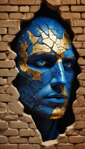golden mask,cardboard background,wall plaster,brick background,venetian mask,mosaics,mosaic glass,gold mask,paper art,bricklayer,brickwall,ceramic tile,facets,wall,torn paper,blue demon,masque,clay tile,stone man,decorative art,Illustration,Abstract Fantasy,Abstract Fantasy 01