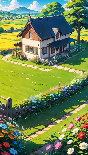 home landscape,studio ghibli,summer meadow,blooming field,summer cottage,clover meadow,countryside,springtime background,meadow landscape,cottage,country cottage,spring background,flower field,flower meadow,meadow,country side,farmhouse,summer day,spring meadow,country house,Anime,Anime,General