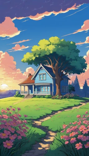lonely house,studio ghibli,house silhouette,home landscape,little house,dandelion hall,free land-rose,sakura background,summer cottage,idyllic,cartoon video game background,springtime background,beautiful home,landscape background,summer evening,blooming field,clover meadow,small house,cottage,spring background,Illustration,Japanese style,Japanese Style 07