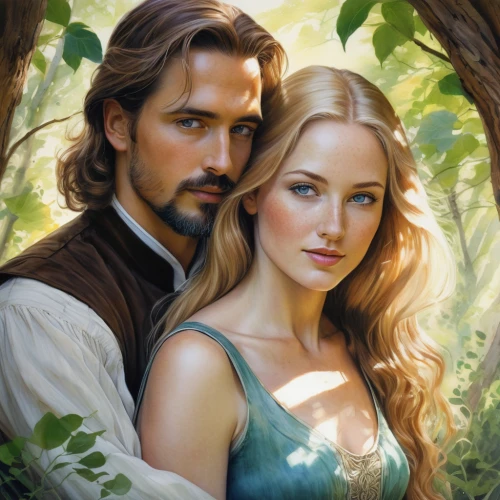 romance novel,romantic portrait,fantasy portrait,adam and eve,young couple,fantasy picture,beautiful couple,a fairy tale,prince and princess,cg artwork,tangled,fairytale characters,fairy tale,jessamine,fantasy art,heroic fantasy,fairy tale icons,rosa ' amber cover,apple pair,garden of eden,Illustration,Realistic Fantasy,Realistic Fantasy 16