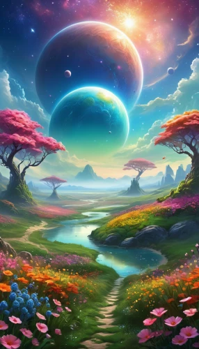 fantasy landscape,mushroom landscape,fantasy picture,alien planet,alien world,fairy world,cosmos field,landscape background,futuristic landscape,colorful tree of life,fairy galaxy,fairy forest,planet alien sky,fantasy art,dream world,lunar landscape,3d fantasy,an island far away landscape,children's background,nature landscape,Illustration,Realistic Fantasy,Realistic Fantasy 01