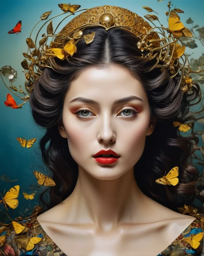 fantasy portrait,faery,fantasy art,faerie,mystical portrait of a girl,world digital painting,fantasy picture,fairy queen,fairy tale character,golden crown,gold filigree,cupido (butterfly),autumn background,fantasy woman,the enchantress,portrait background,yellow rose background,image manipulation,dryad,women's cosmetics,Photography,Artistic Photography,Artistic Photography 06