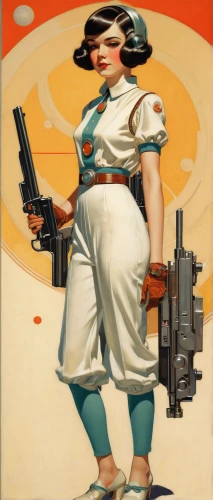 woman holding gun,girl with gun,girl with a gun,retro women,retro woman,1940 women,atomic age,retro girl,lady medic,girl scouts of the usa,woman holding pie,art deco woman,female nurse,italian poster,holding a gun,fallout4,vintage art,civil defense,sci fiction illustration,travel poster,Illustration,Retro,Retro 15