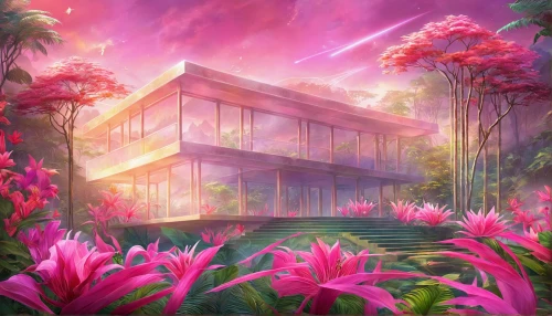 tropical house,tropical bloom,greenhouse,pink dawn,cube house,cube background,palm house,splendor of flowers,tropical flowers,greenhouse cover,lilac arbor,modern house,temple fade,contemporary,paradiso,tropics,flower background,conservatory,beautiful home,flower dome,Illustration,Realistic Fantasy,Realistic Fantasy 01