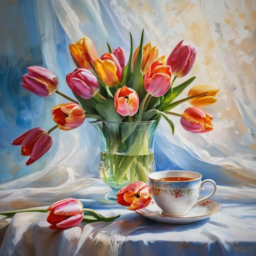 tulip flowers,tulip bouquet,tulips,orange tulips,two tulips,pink tulips,flower painting,still life of spring,red tulips,tulip blossom,tulip background,yellow tulips,tulipa,tulip,white tulips,yellow orange tulip,oil painting,tulip festival,tulip white,floral with cappuccino,Conceptual Art,Oil color,Oil Color 10